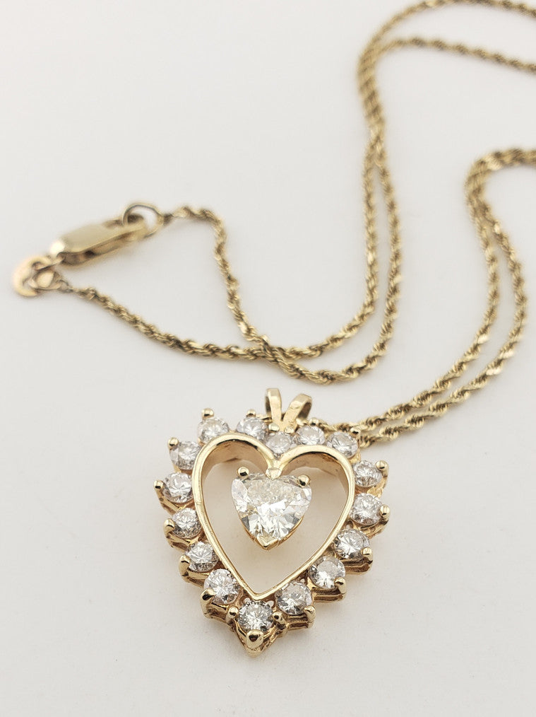 Stunning 14K Yellow Gold Diamond Heart Pendant w/ Rope Chain